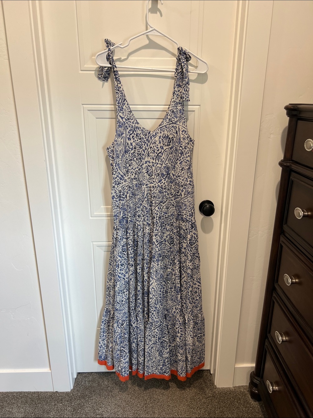 THML Blue and White Printed Tie-Shoulder Maxi Dress with Orange Hem